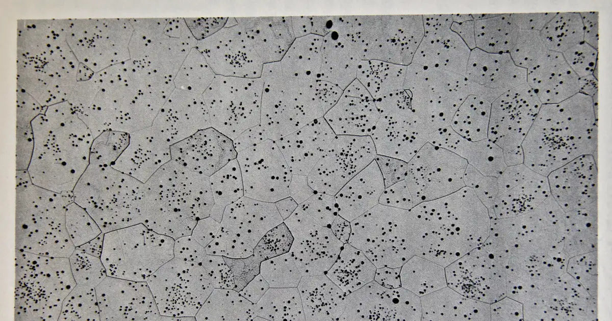 Micrograph of sintered yttria ceramic at 100 times magnification showing grains and pores